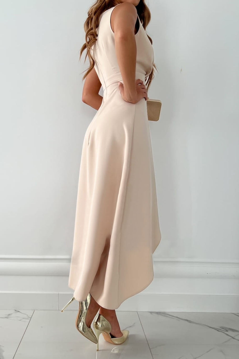 Apricot Surplice V Neck Elegant Slit Midi Dress