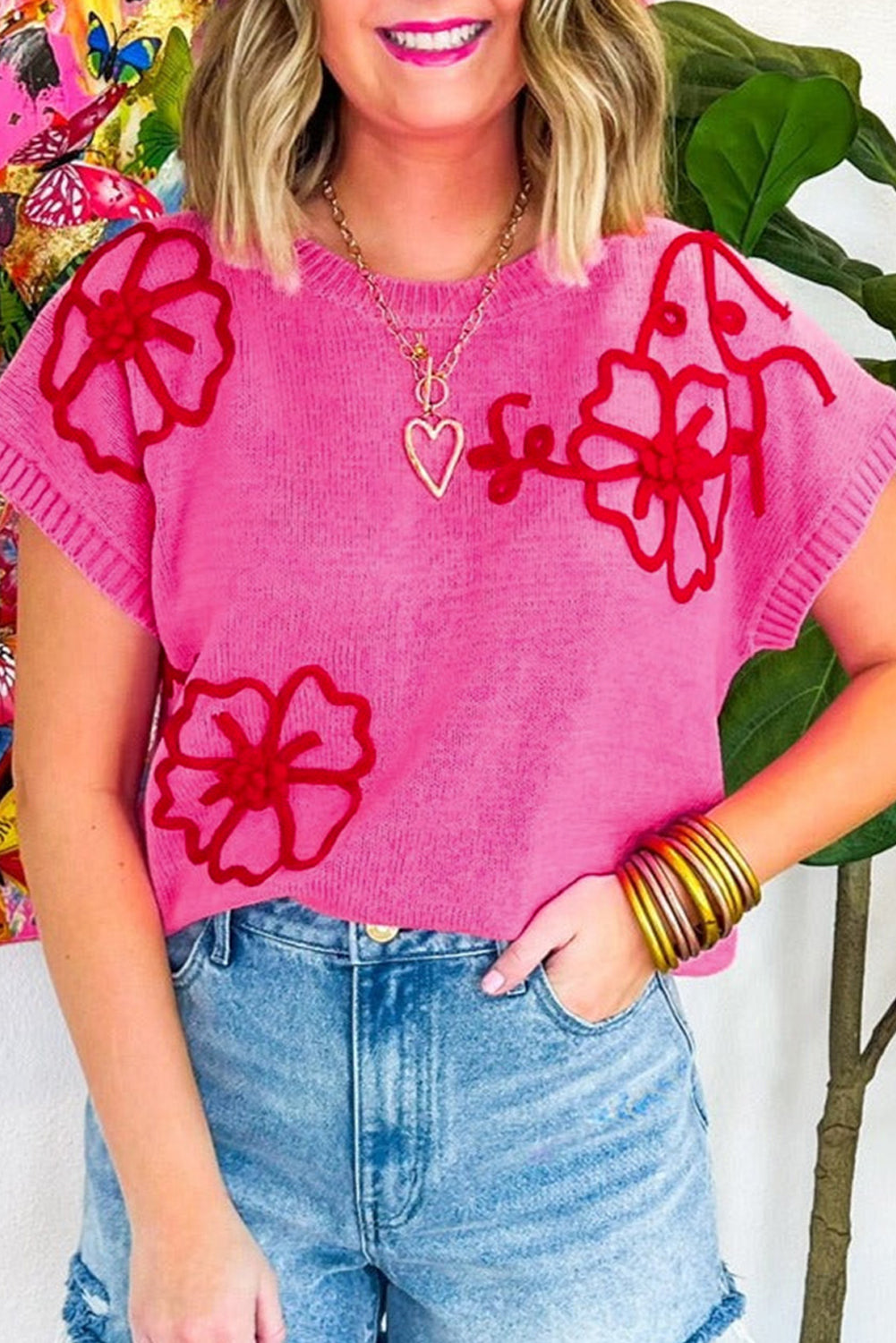 Bright Pink Contrast Trim Flower Knit Top