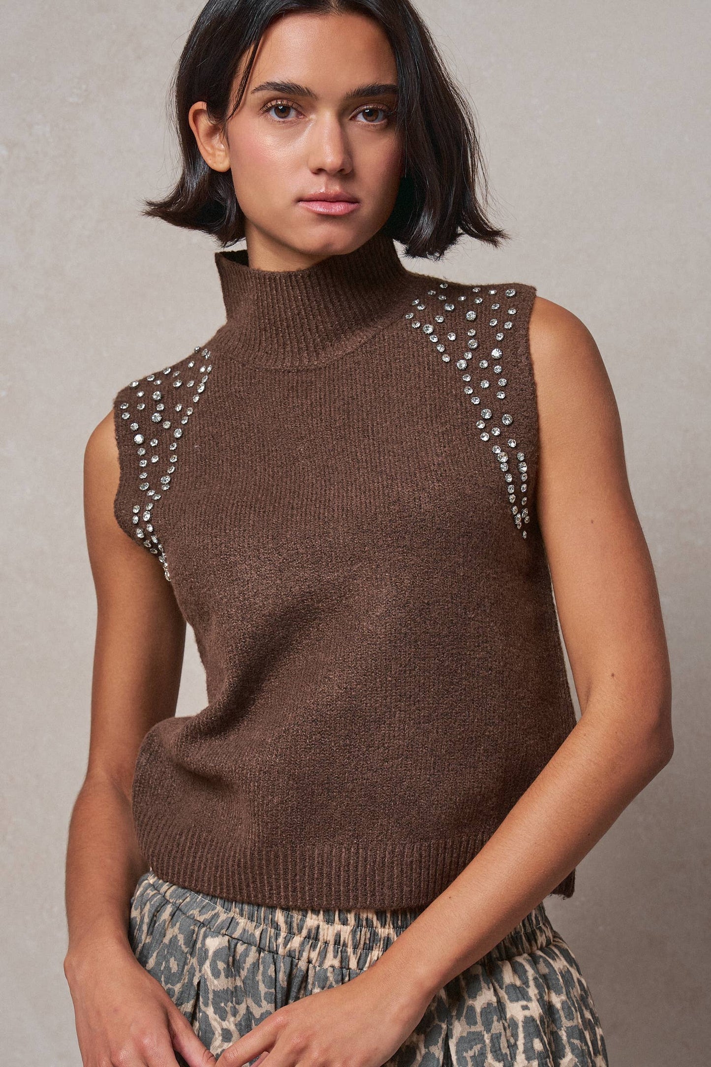 Crystal Embellished Sleeveless Mock Neck Knit Top