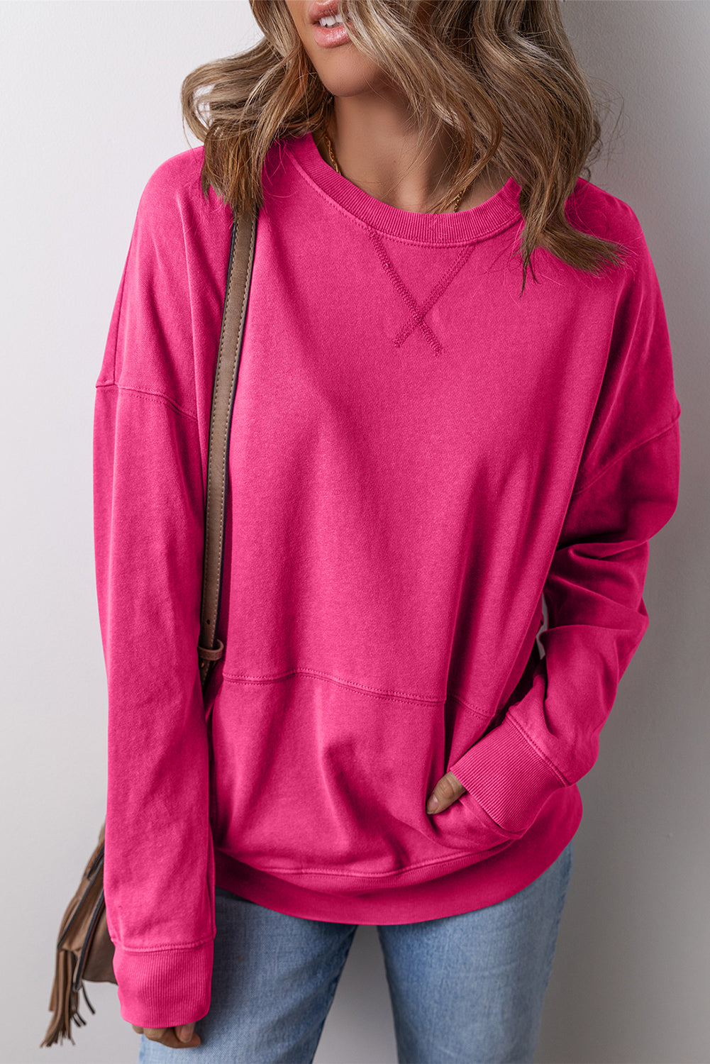 Rose Red Kangaroo Pocket Loose Fit Drop Shoulder Sweatshirt