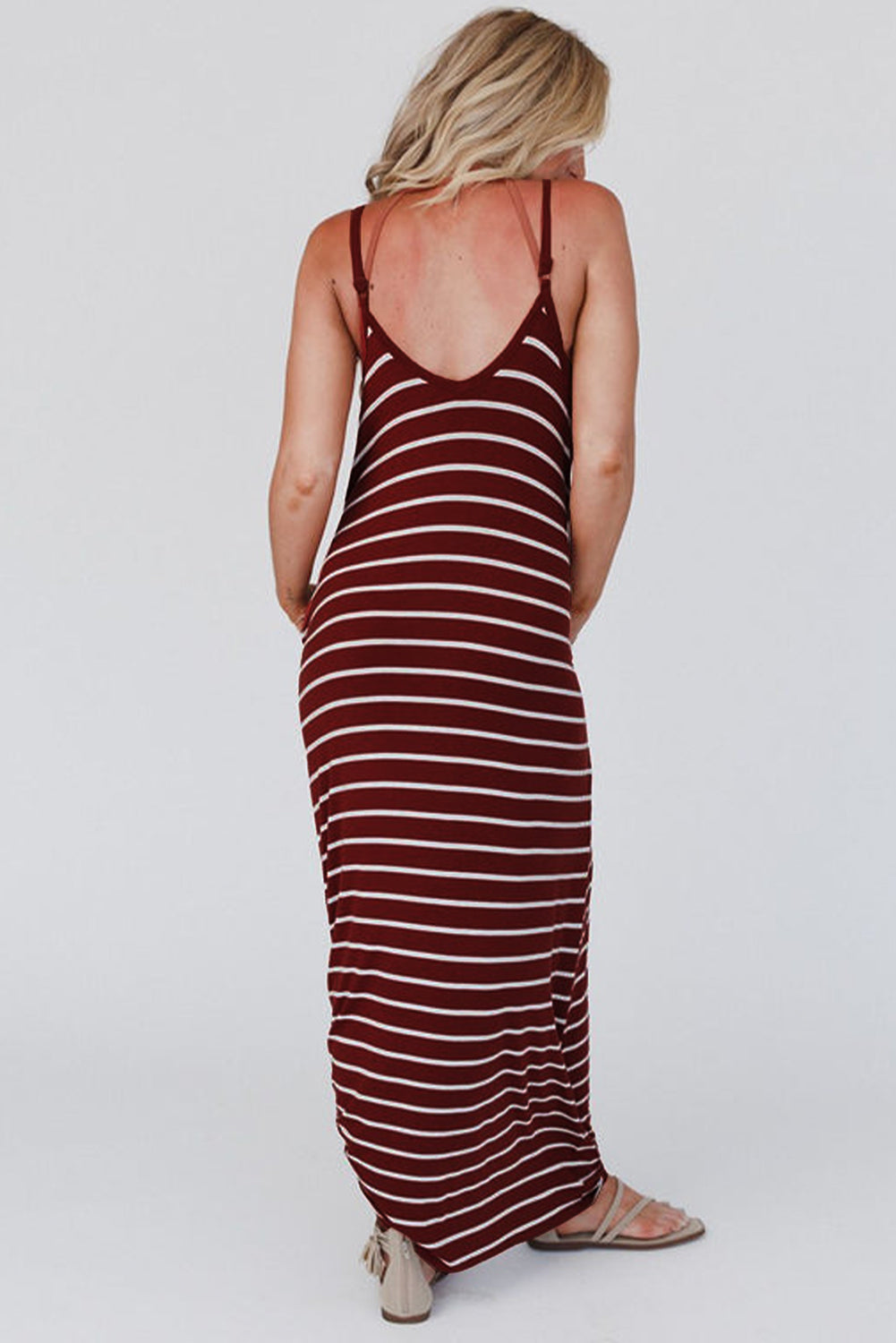 Red Stripe Print Side Pockets Spaghetti Straps Maxi Dress