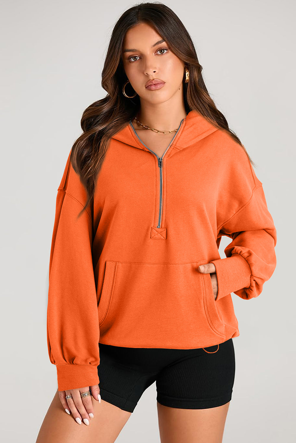 Parchment Kangaroo Pocket Half Zipper Oversized Hoodie