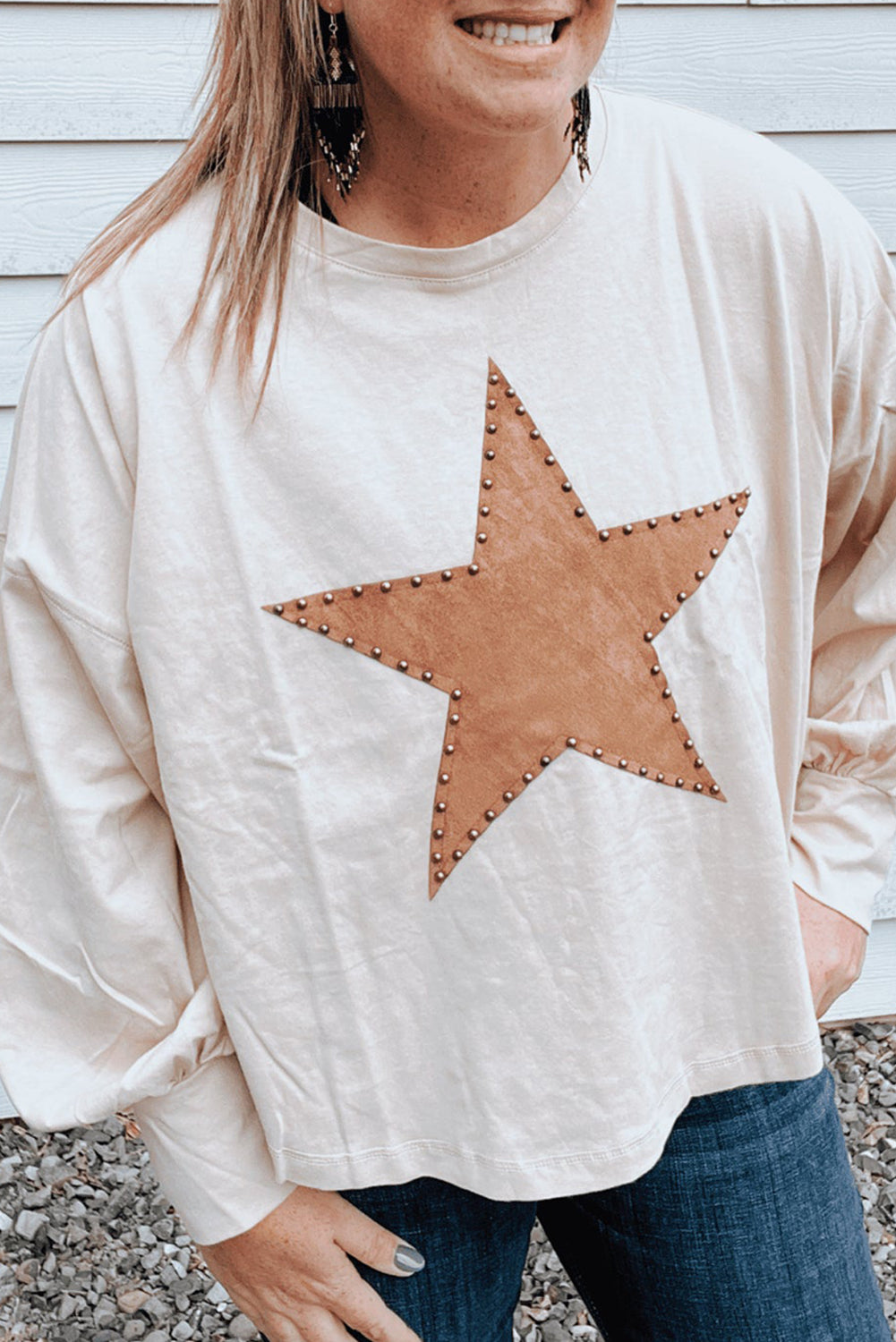 Beige Star Pattern Studded Crew Neck Plus Size Top