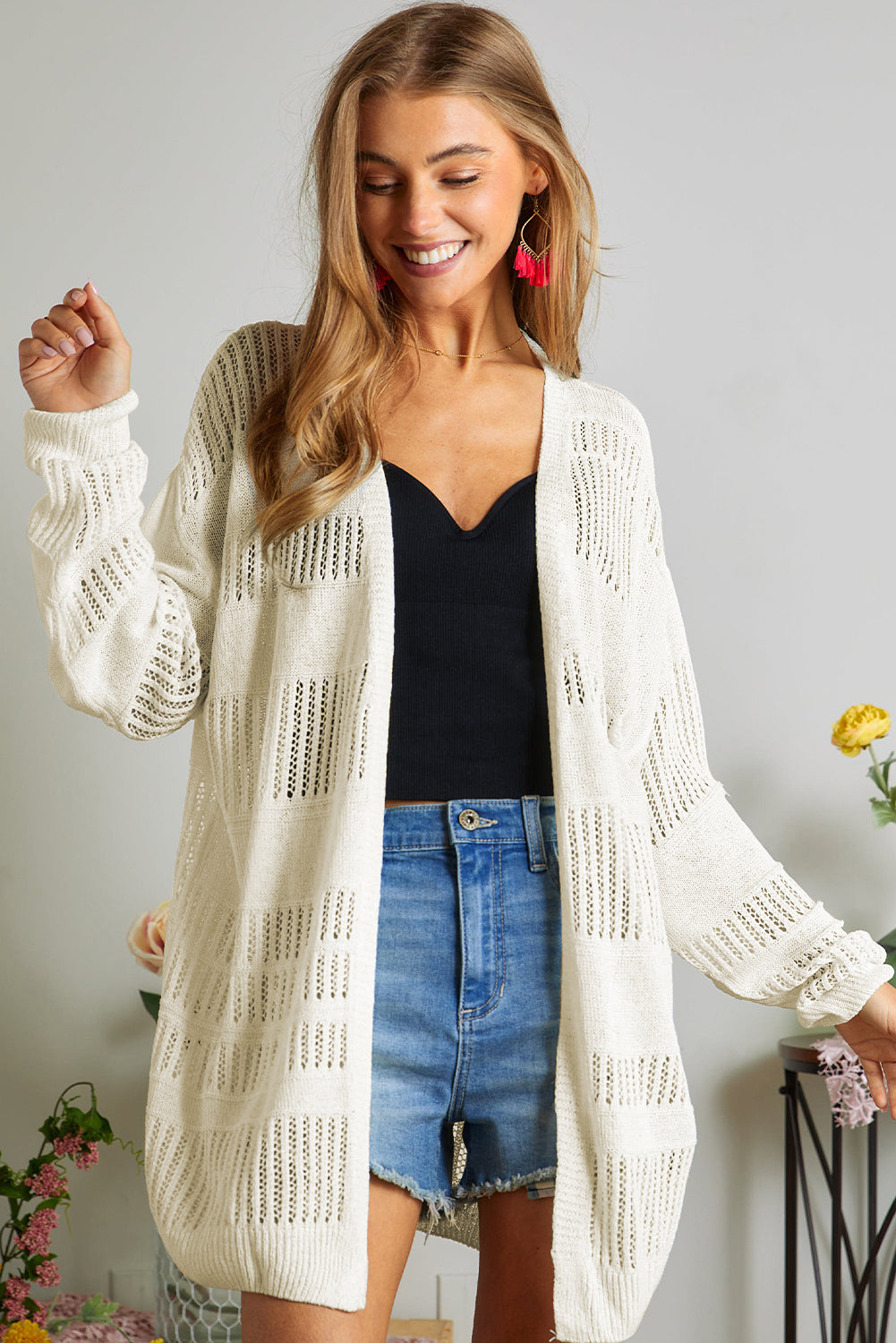 White Solid Color Open Front Knit Tunic Cardigan