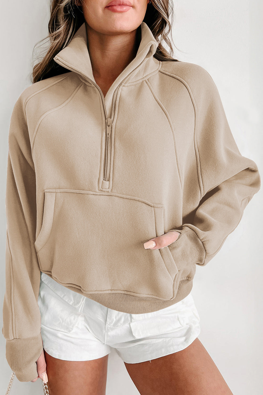 Parchment Quarter Zip Stand Neck Kangaroo Pocket Sweatshirt