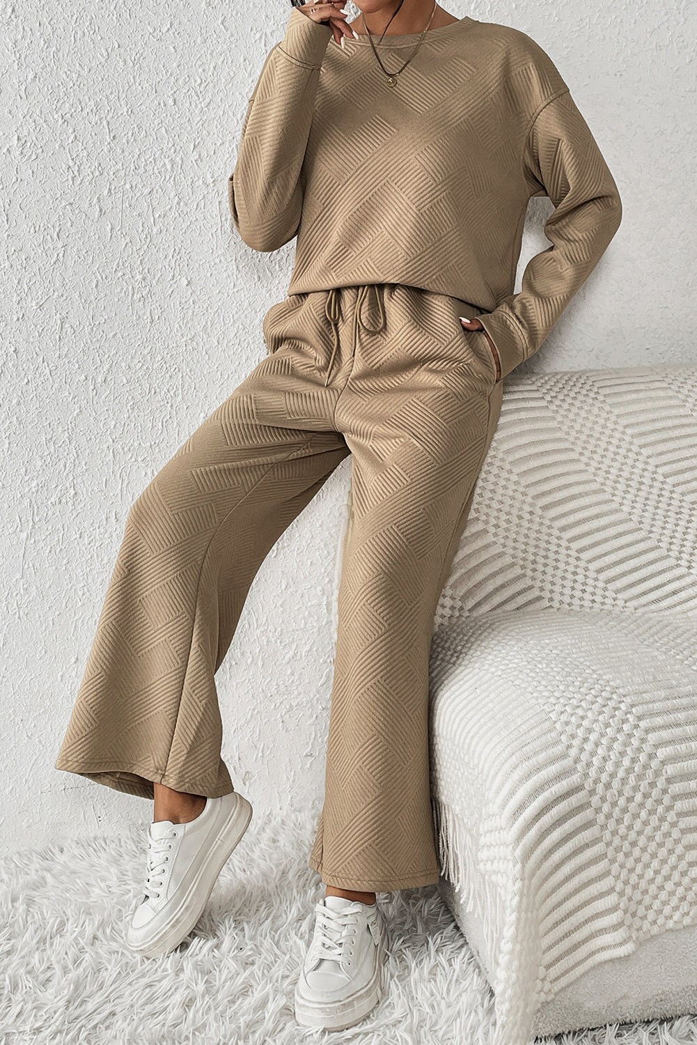 Dark Khaki Textured Loose Slouchy Long Sleeve Top and Pants Set