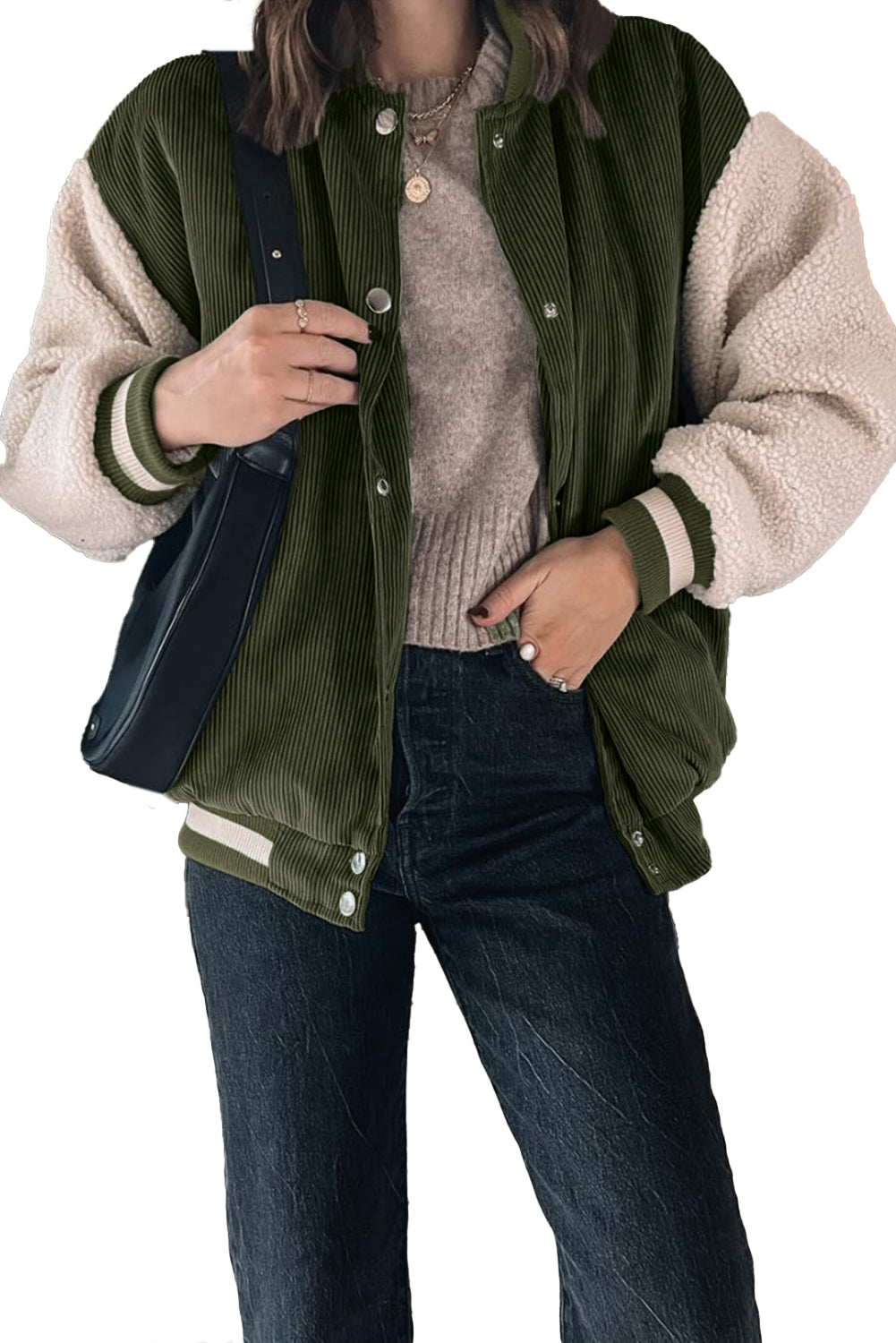 Mist Green Corduroy Fleece Patchwork Buttoned Bomber Coat