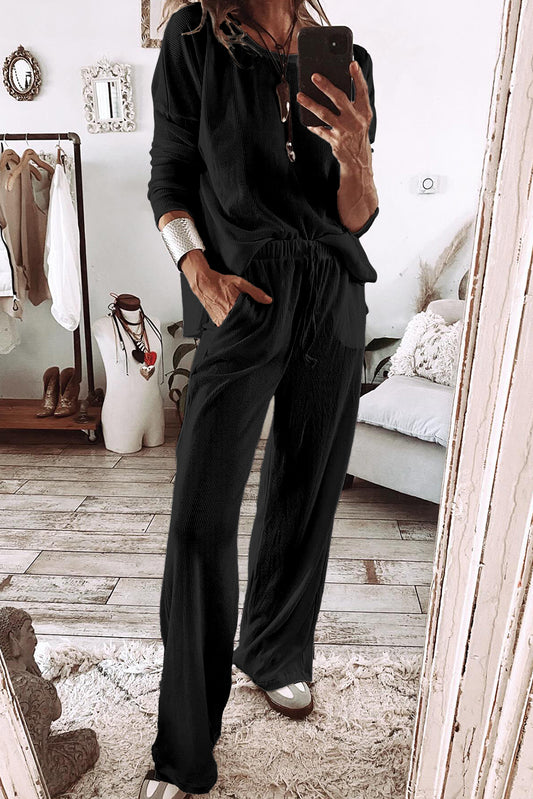 Black Textured Long Sleeve Top and Pants Lounge Set