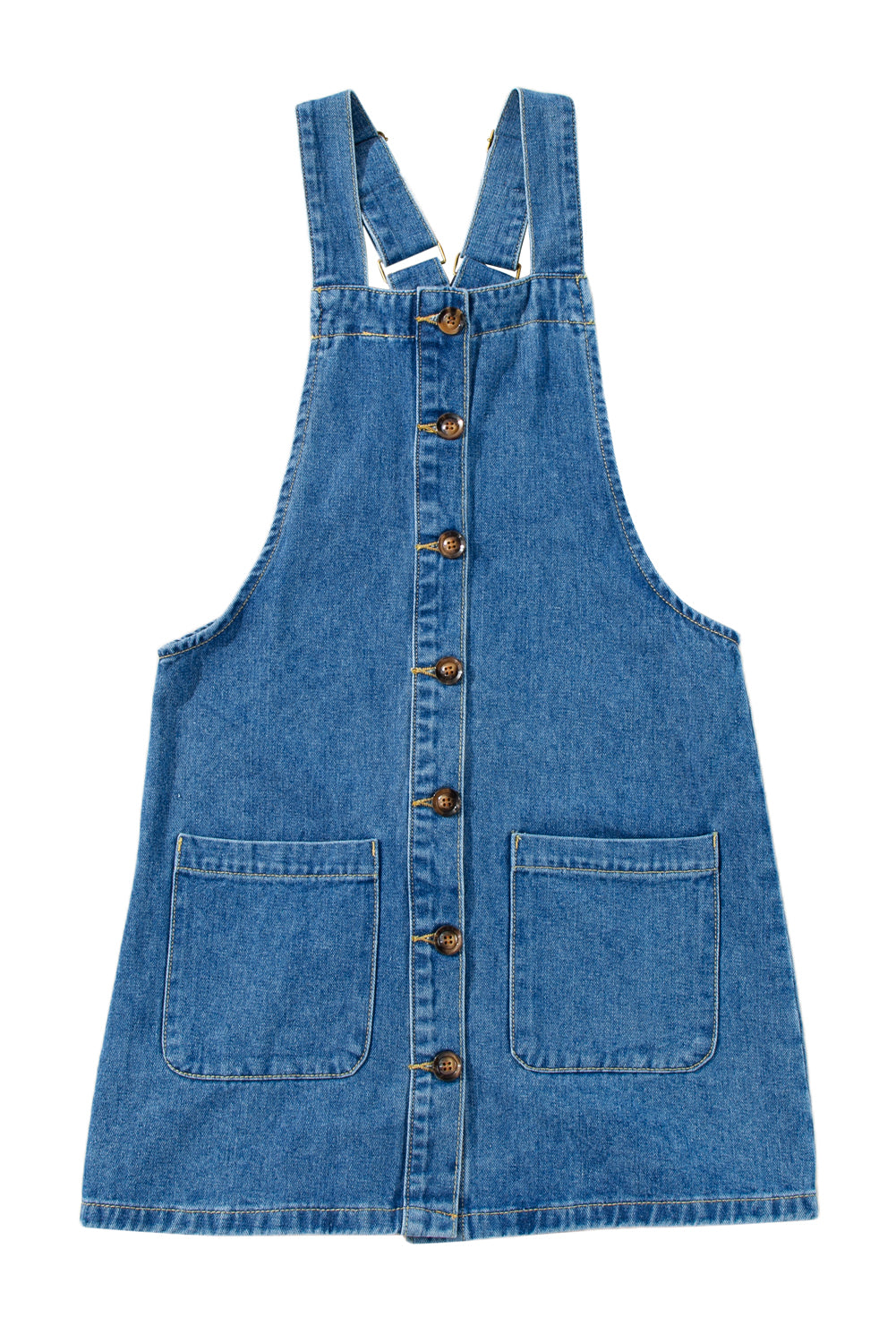 Beau Blue Wide Strap Button Front Pocketed Denim Short Dress