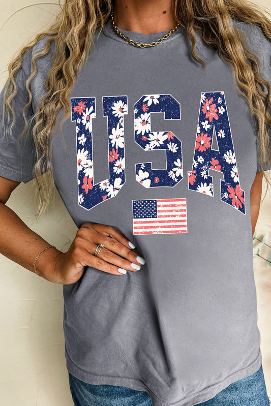 Gray Floral USA Flag Graphic Roll Up Sleeve Tee