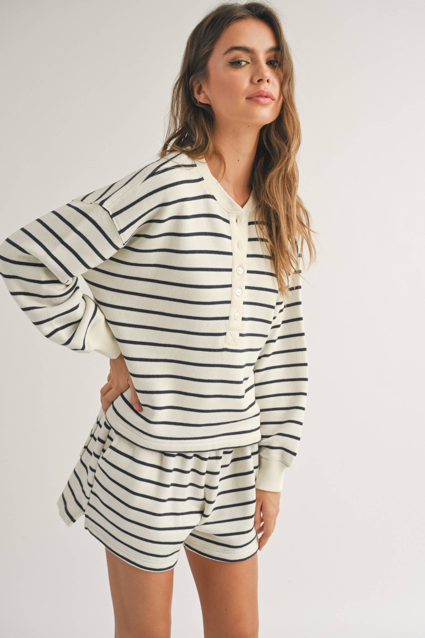 STRIPED TERRY FABRIC HALF BUTTON TOP