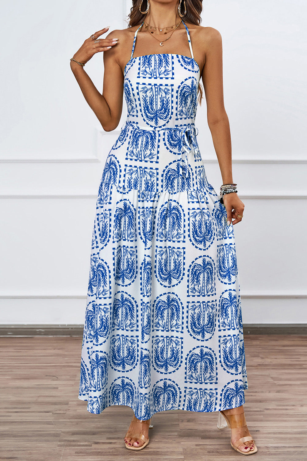 Sky Blue Boho Print Halter Beach Maxi Dress