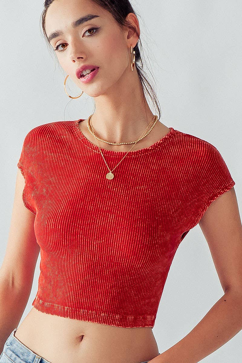 Ribbed Knit Crop Short Sleeve Fitted Casual Spring Top