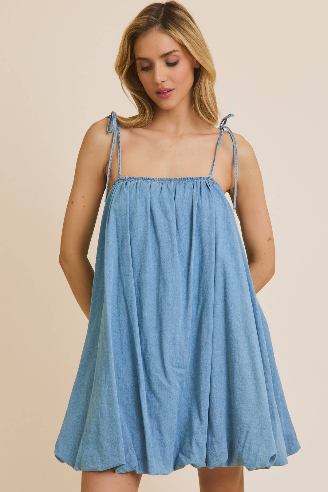SHOULDER TIE BUBBLE MINI DRESS