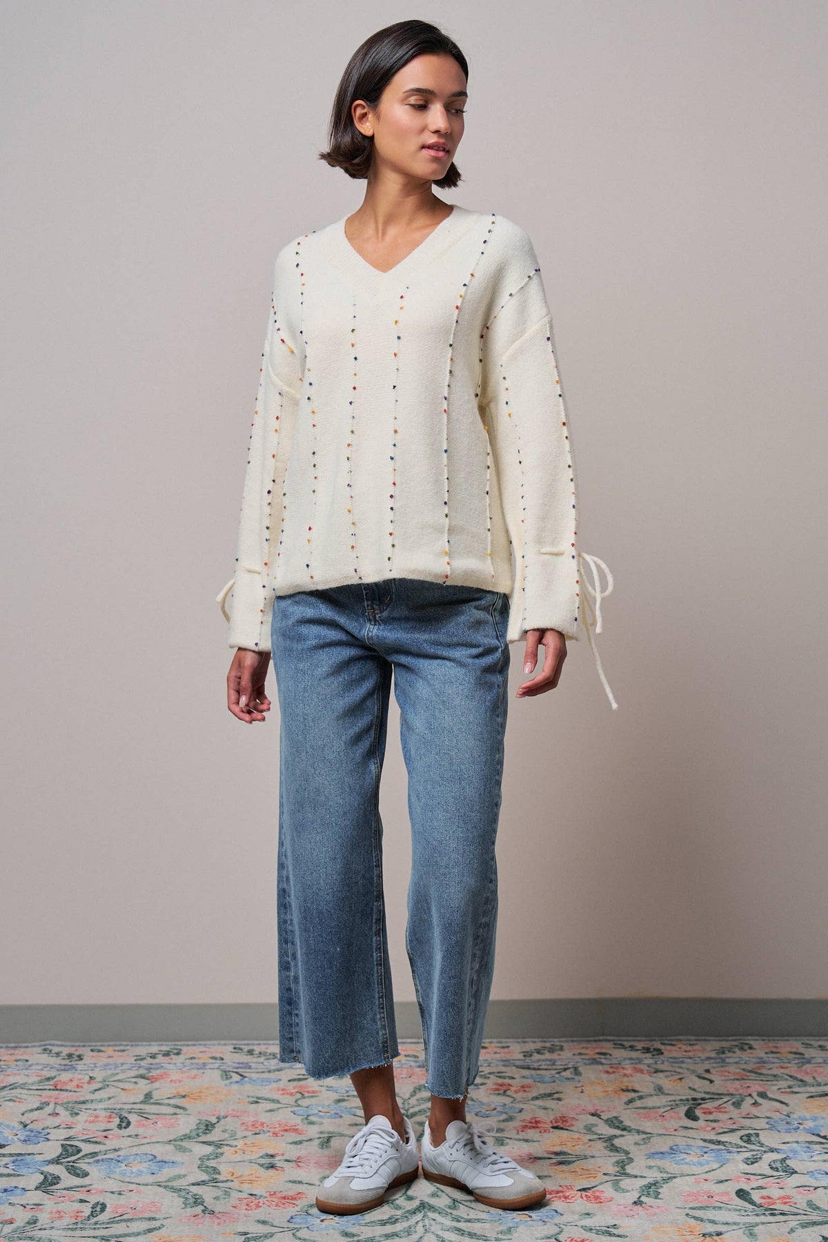 Multicolor Dot Stitch V-Neck Tie Sleeve Sweater