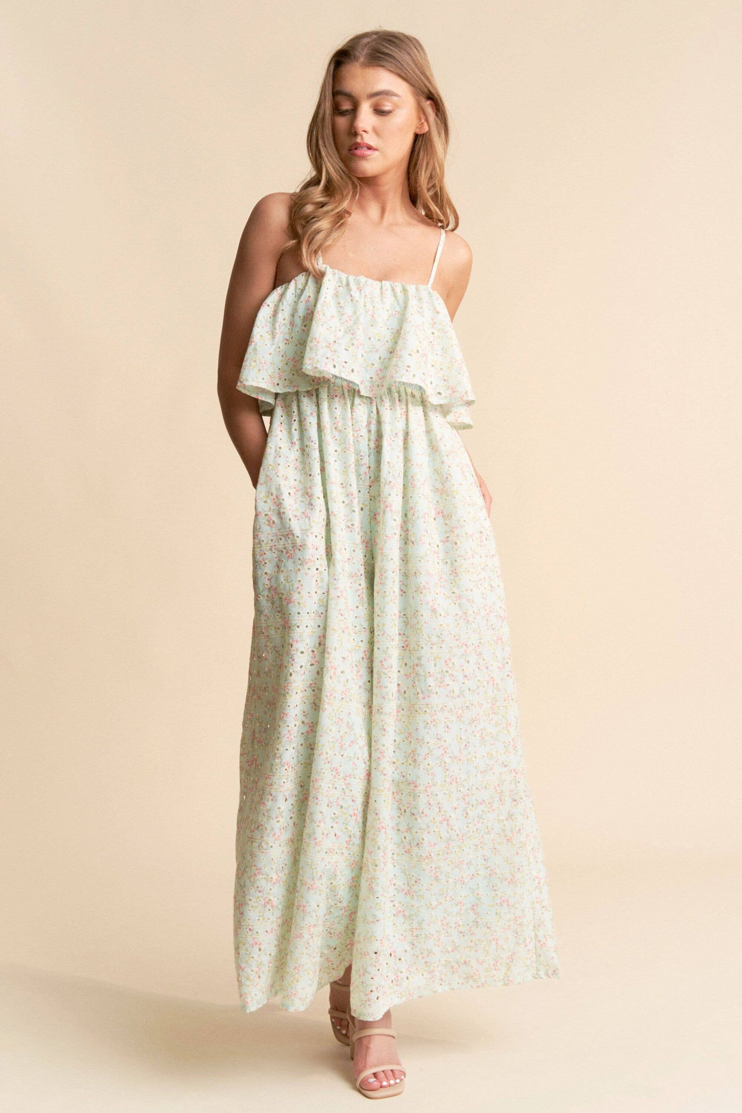 Floral Print Eyelet Tiered Wide Leg Jumpsuit