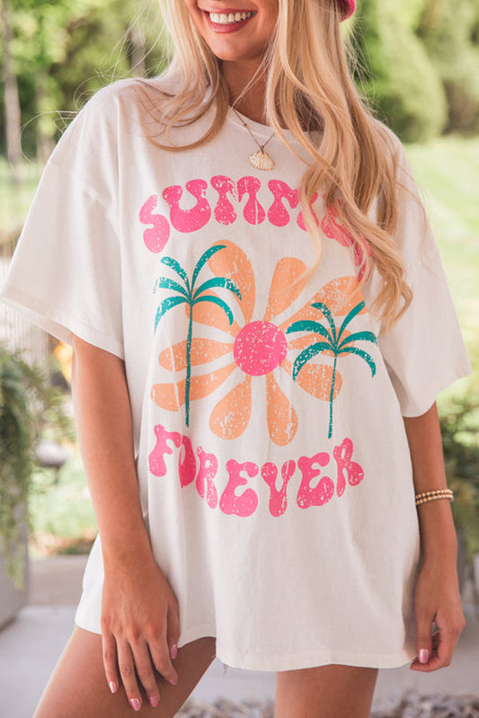 White Summer Forever Flower Graphic Tunic T Shirt