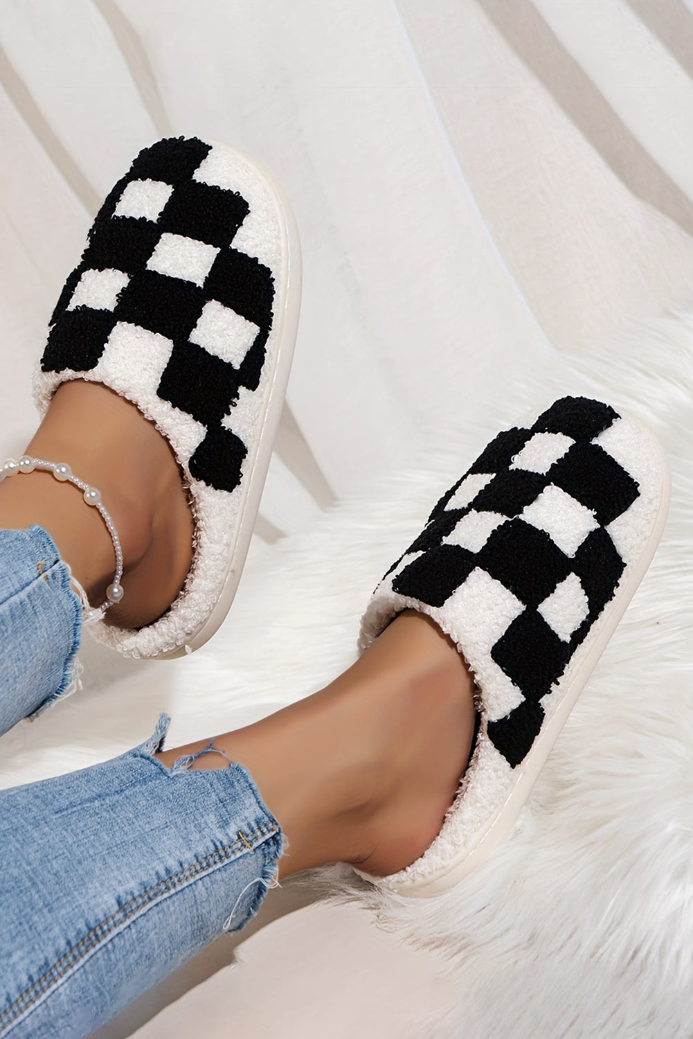 Grass Green Checkered Print Fuzzy Slip On Winter Slippers