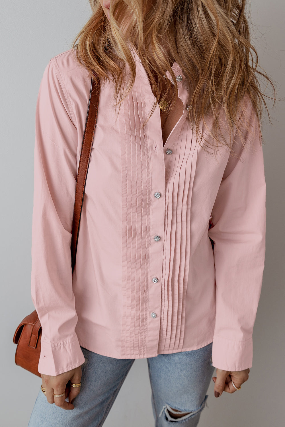 Light Pink Pleated Button-up Plain Shirt