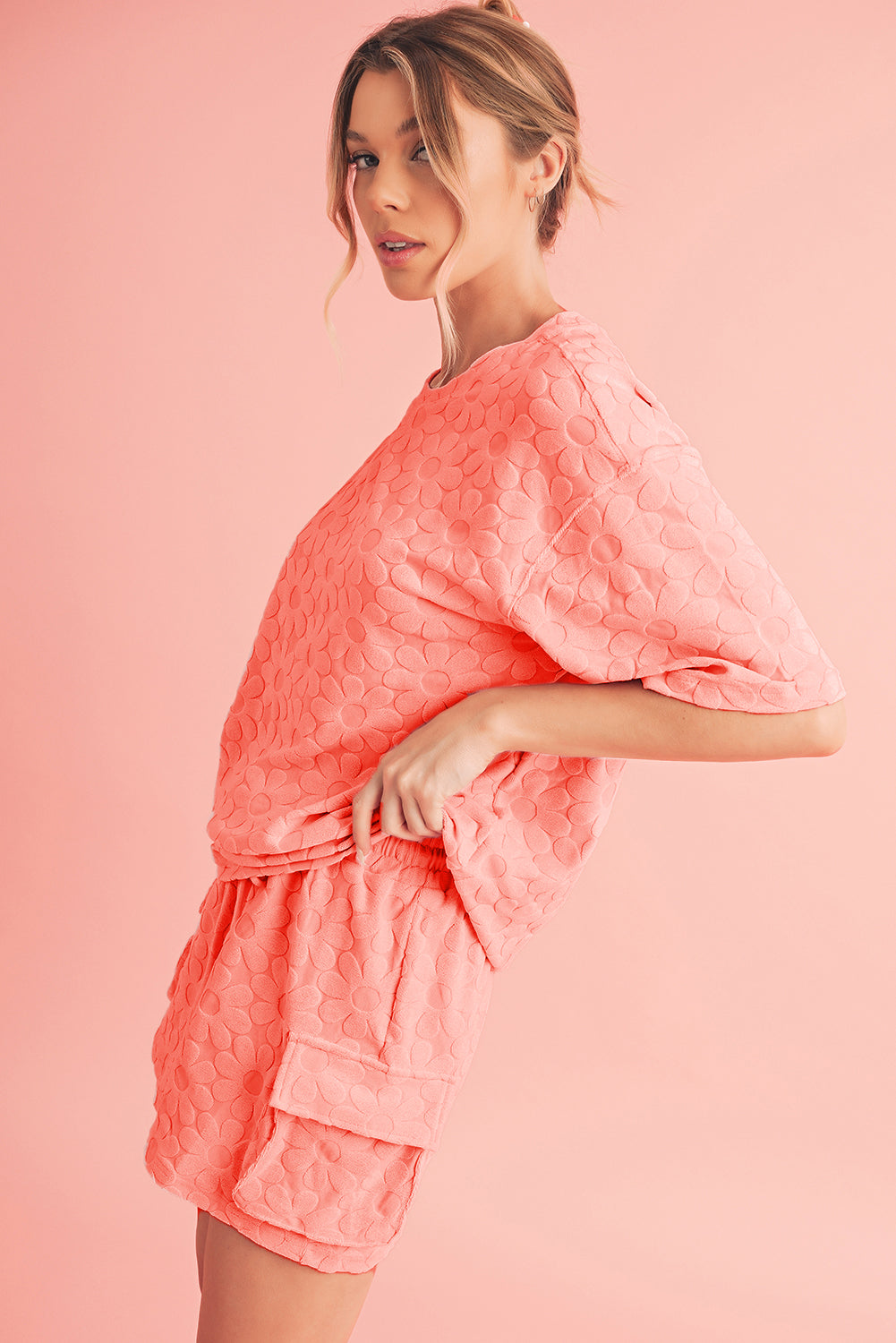 Grapefruit Orange Floral Textured Short Sleeve Top and Shorts Set