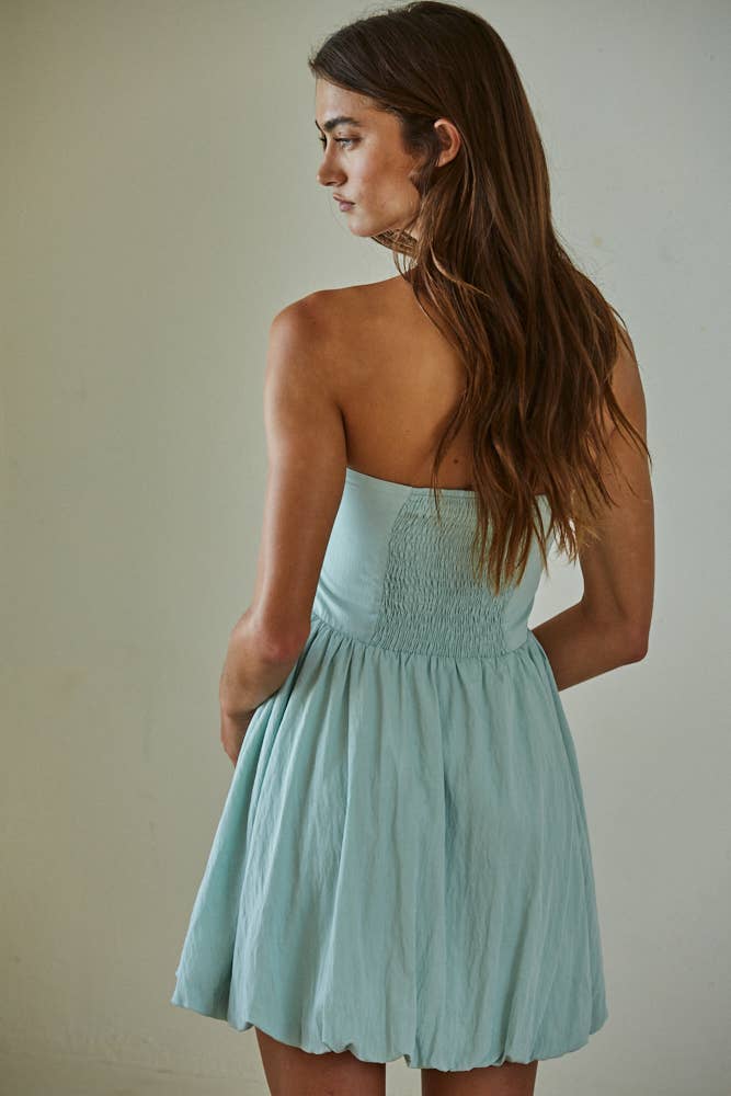 Woven Cotton Nylon Strapless Bubble Mini Dress