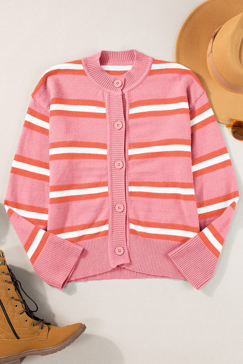 Pink Stripe Button-up Short Cardigan