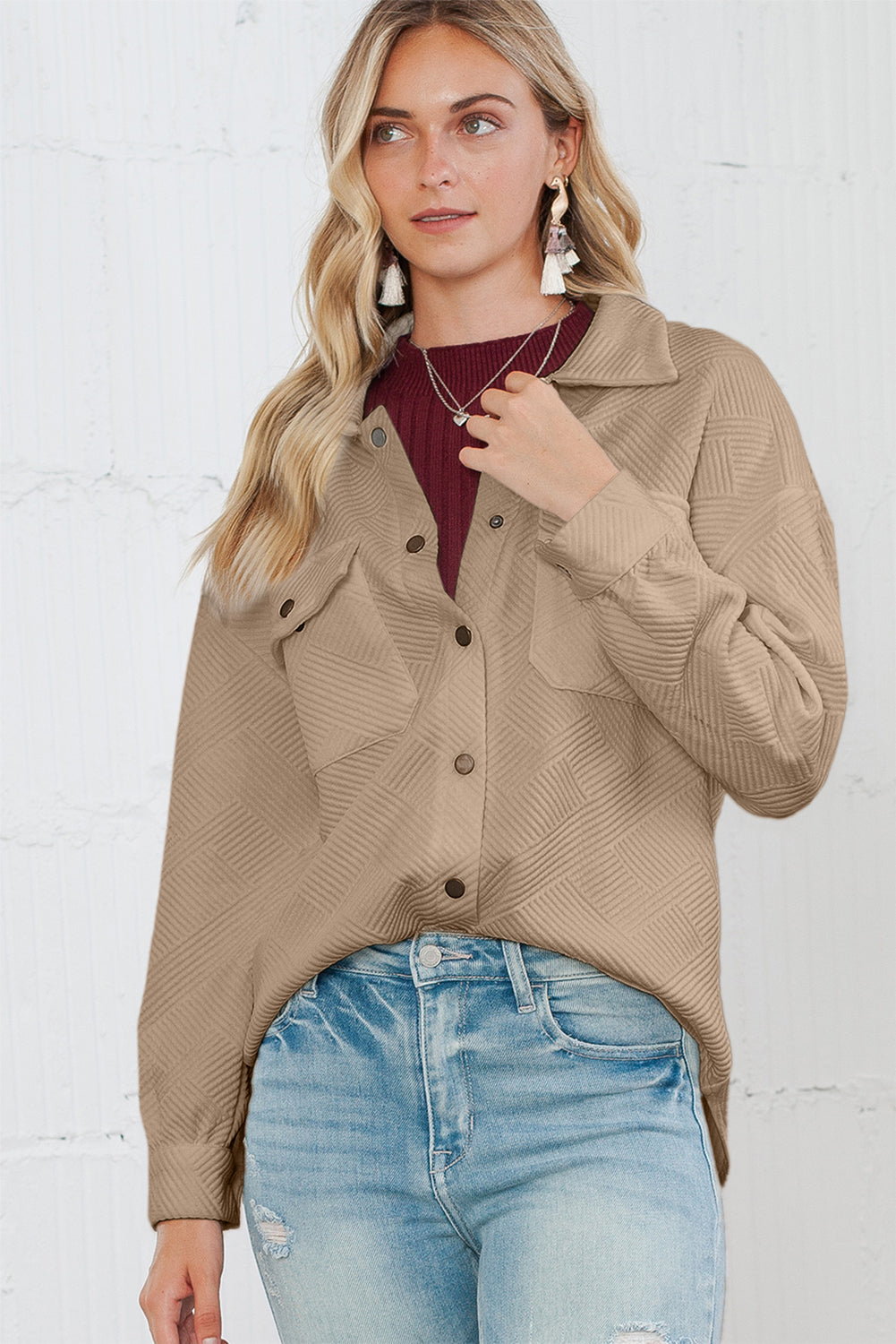 Khaki Solid Textured Flap Pocket Buttoned Shacket