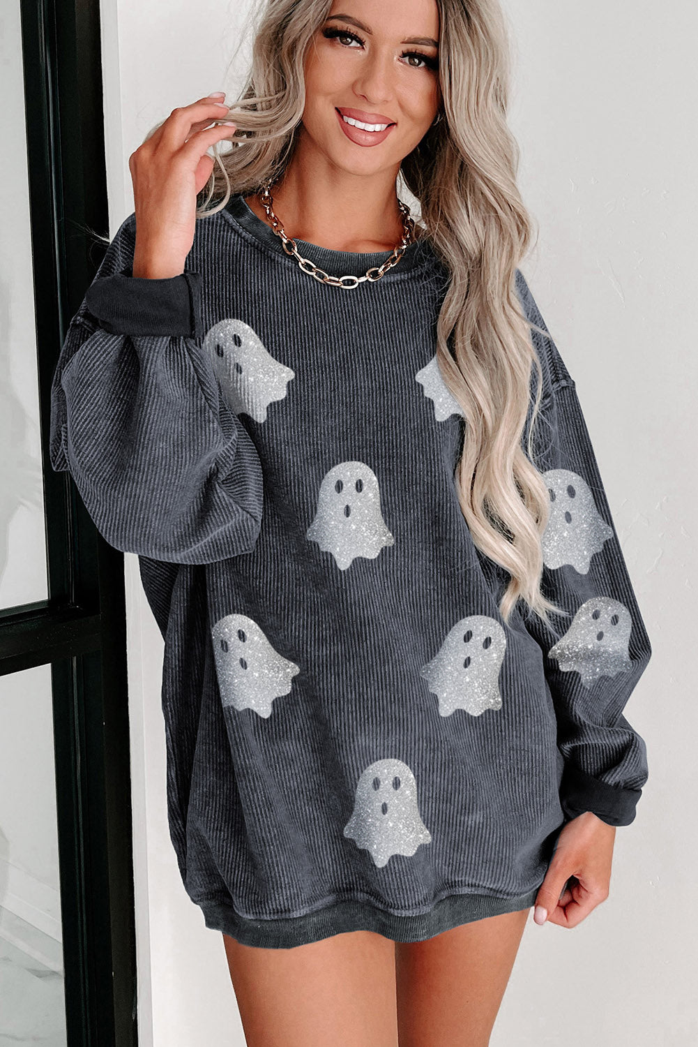 Black Halloween Ghost Corded Crew Neck Loose Sweatshirt