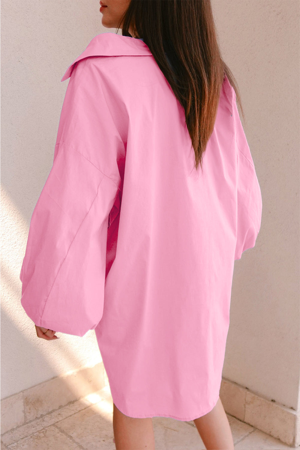 Bright Pink Plain Bishop Sleeve Button Up Shirt Dress