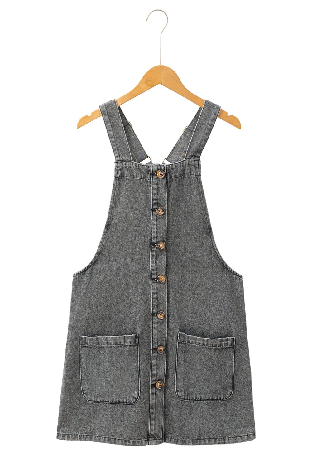 Beau Blue Wide Strap Button Front Pocketed Denim Short Dress