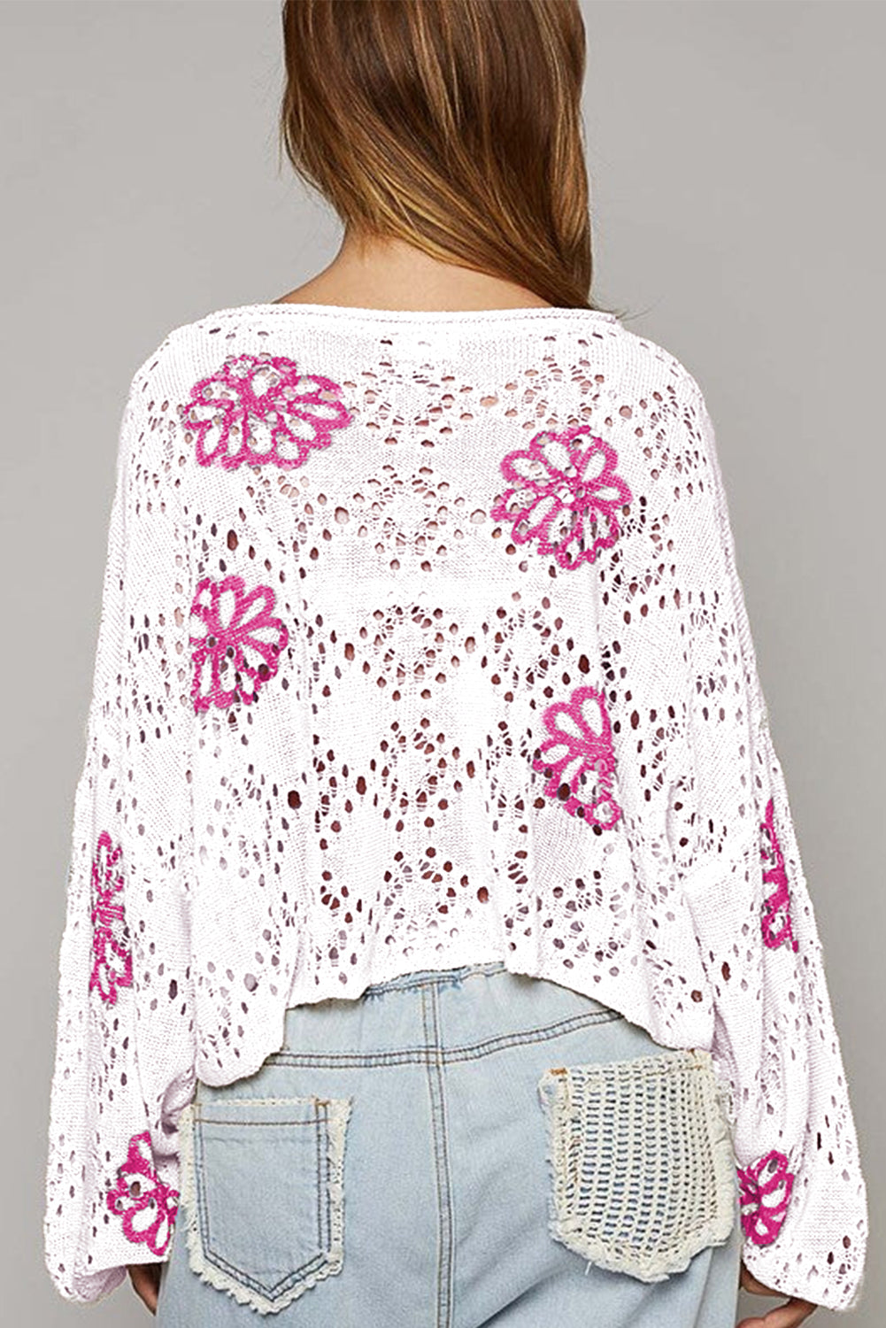 White Flower Print Drop Shoulder Hollow Knit Sweater