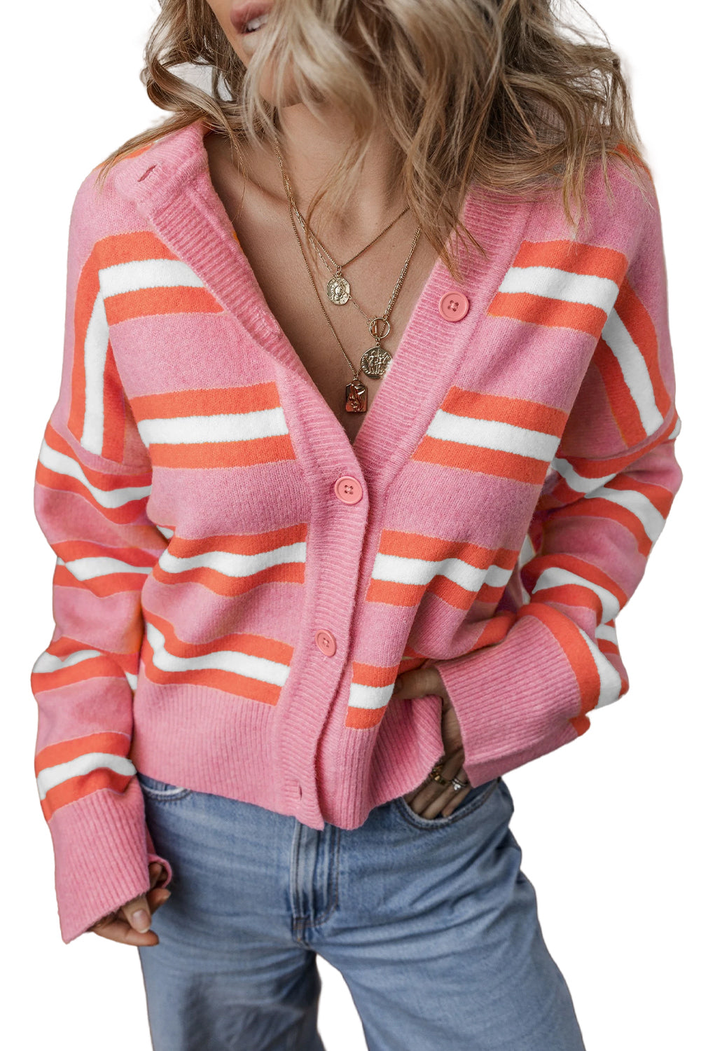 Pink Stripe Button-up Short Cardigan