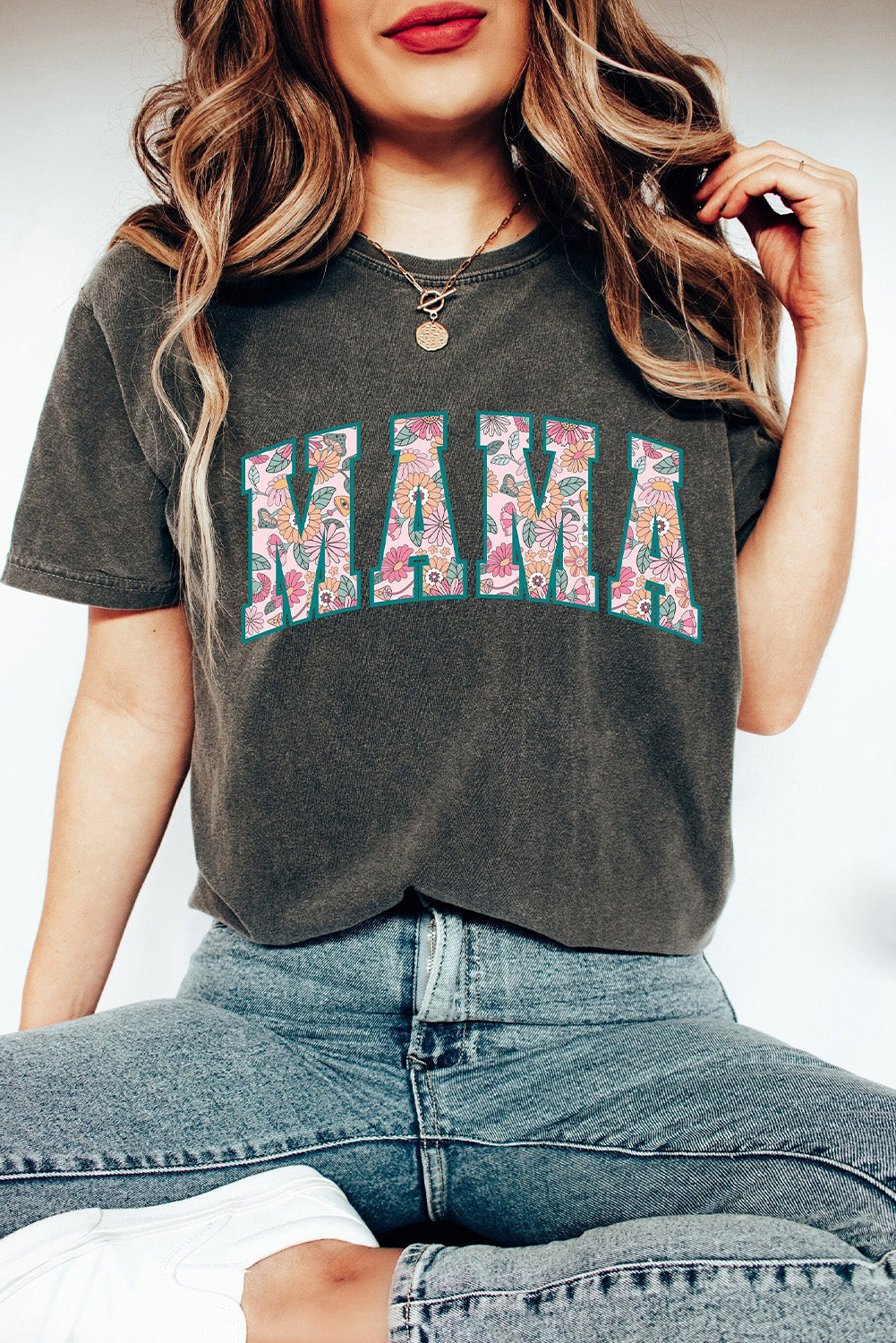 Black Vintage Wash Floral MAMA Graphic Tee