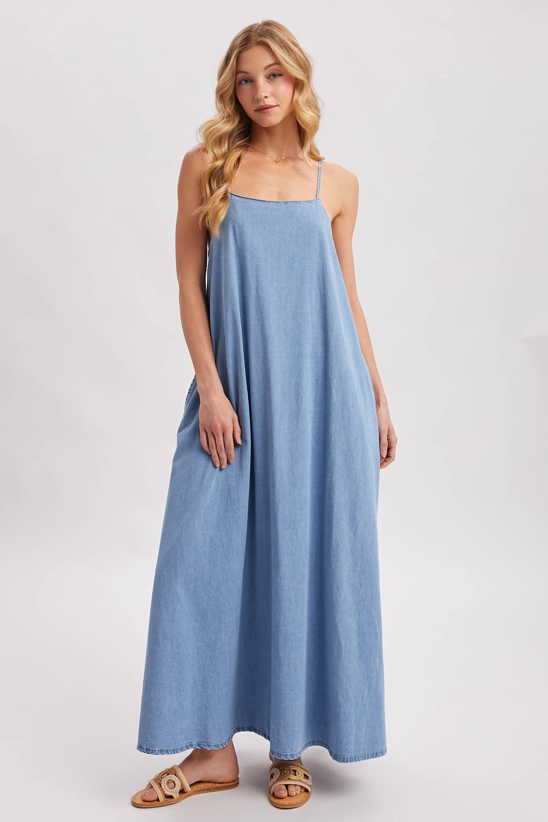 DENIM OPEN BACK SLEEVELESS MAXI DRESS