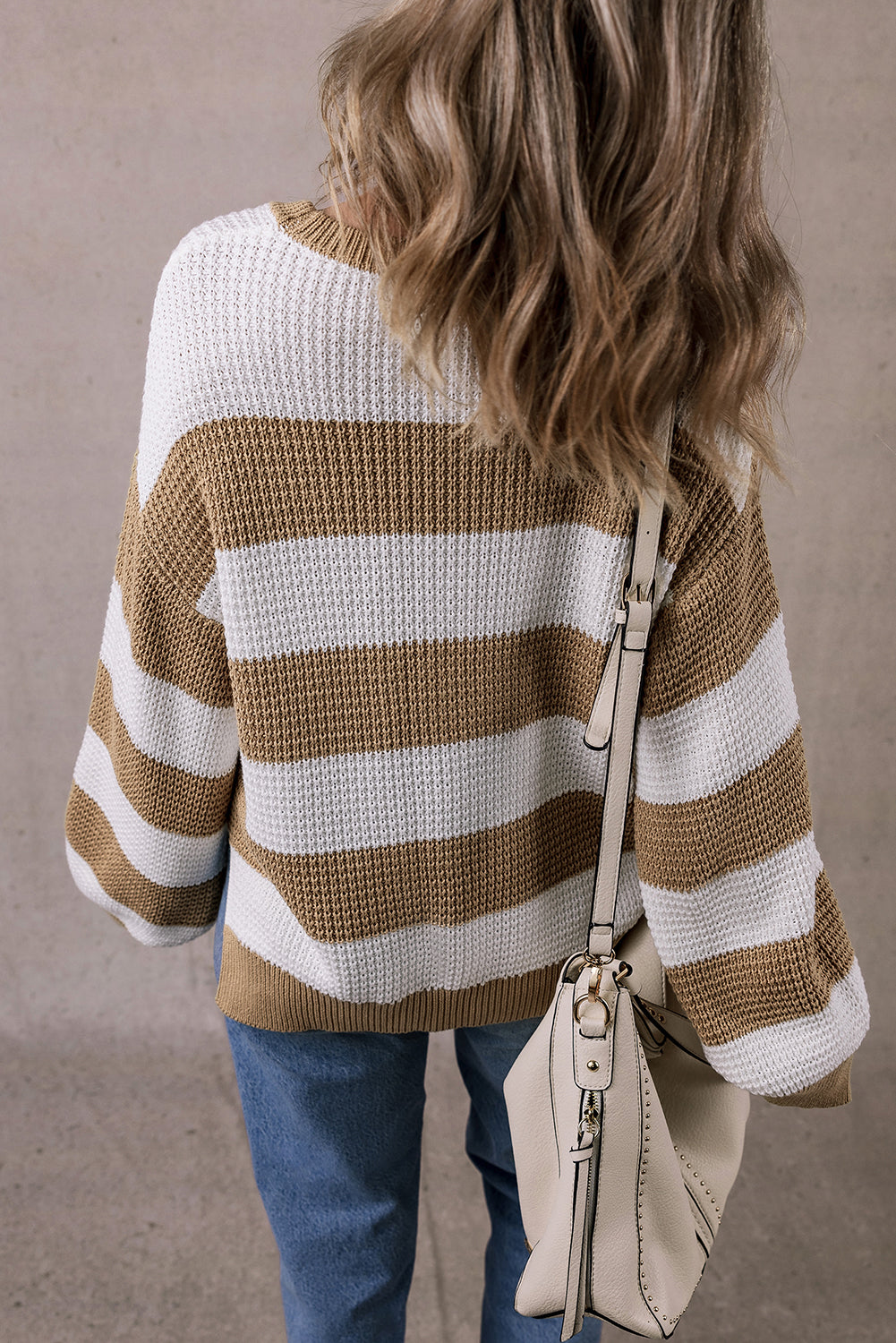 Light French Beige Striped Drop Shoulder Side Slit Sweater