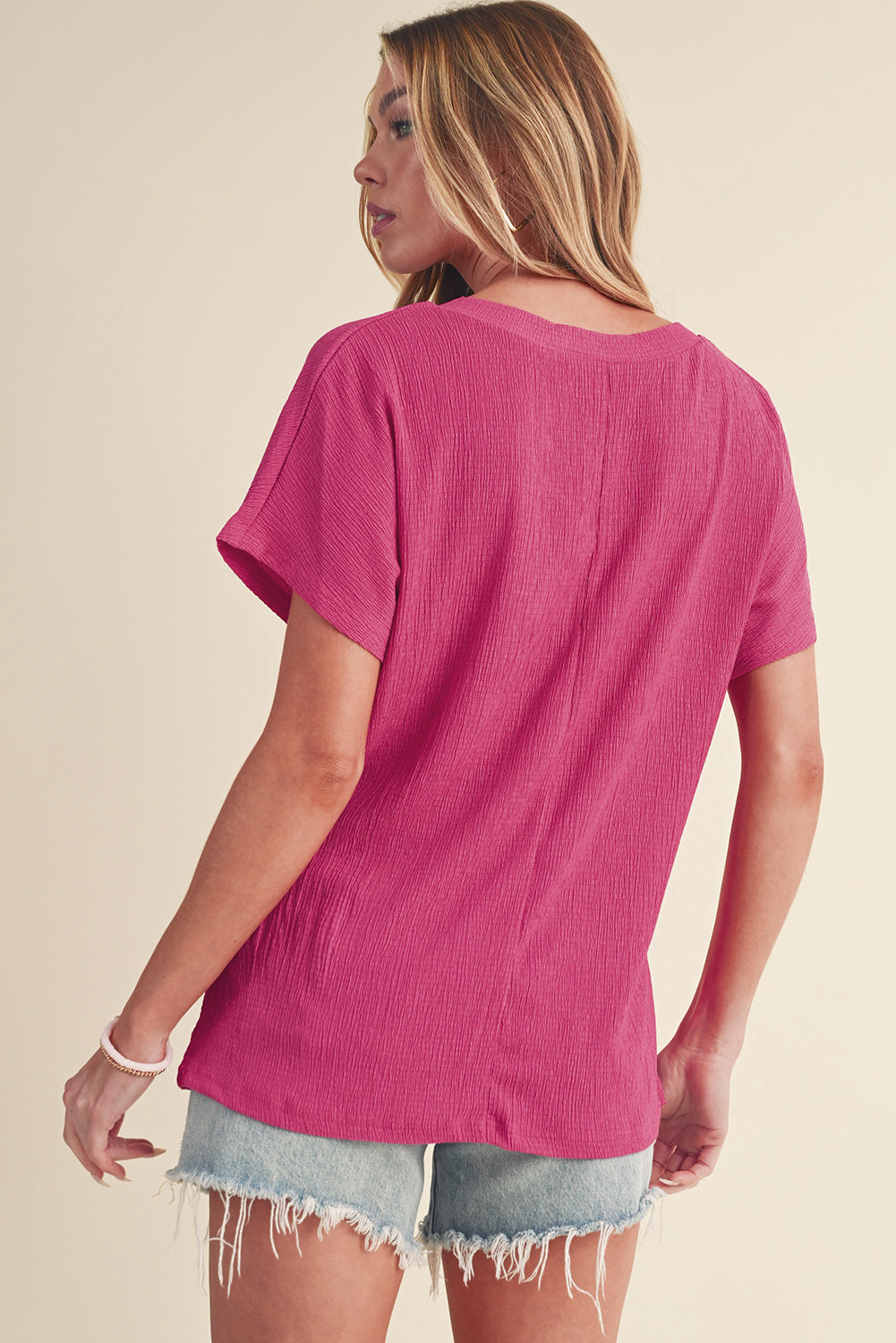 Bright Pink Basic Plain Textured V Neck Blouse