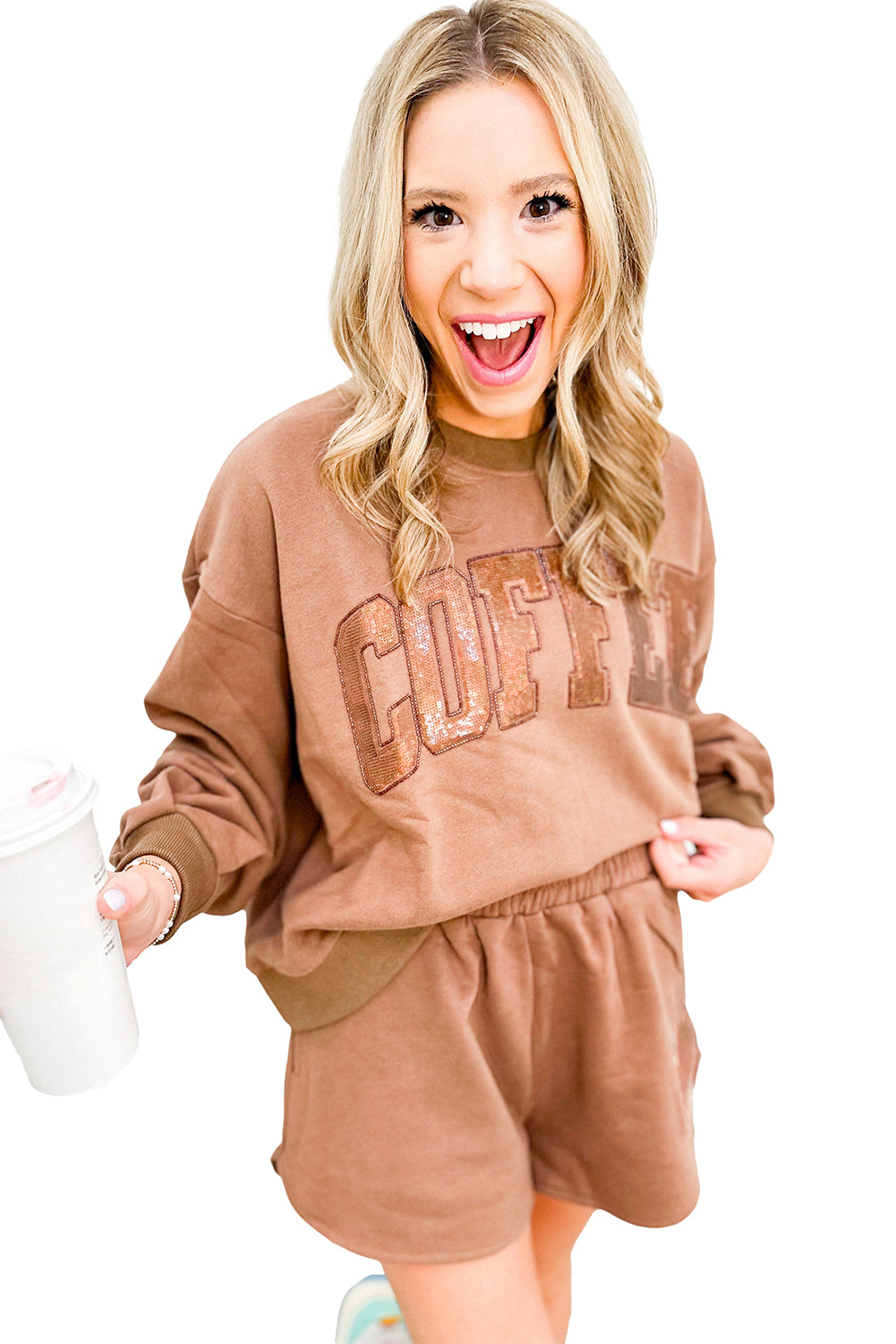 Straw Yellow Sequins COFFEE Loose Fit Sweatshirt and Shorts Set