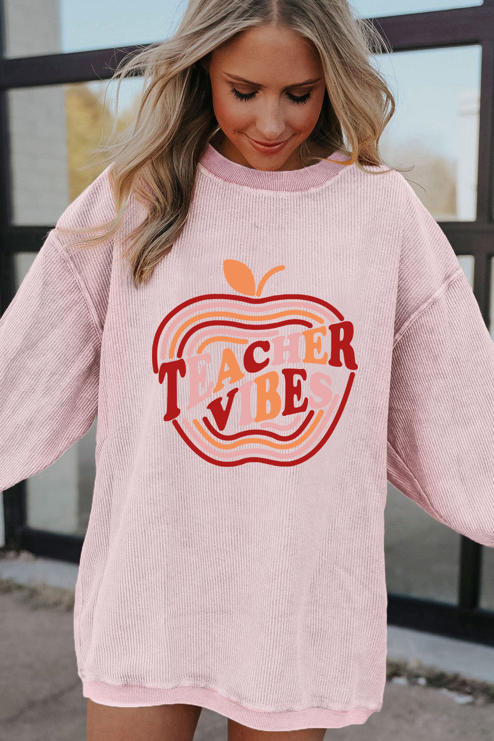 Light Pink TEACHER VIBES Apple Shape Ribbed Loose Sweatshirt