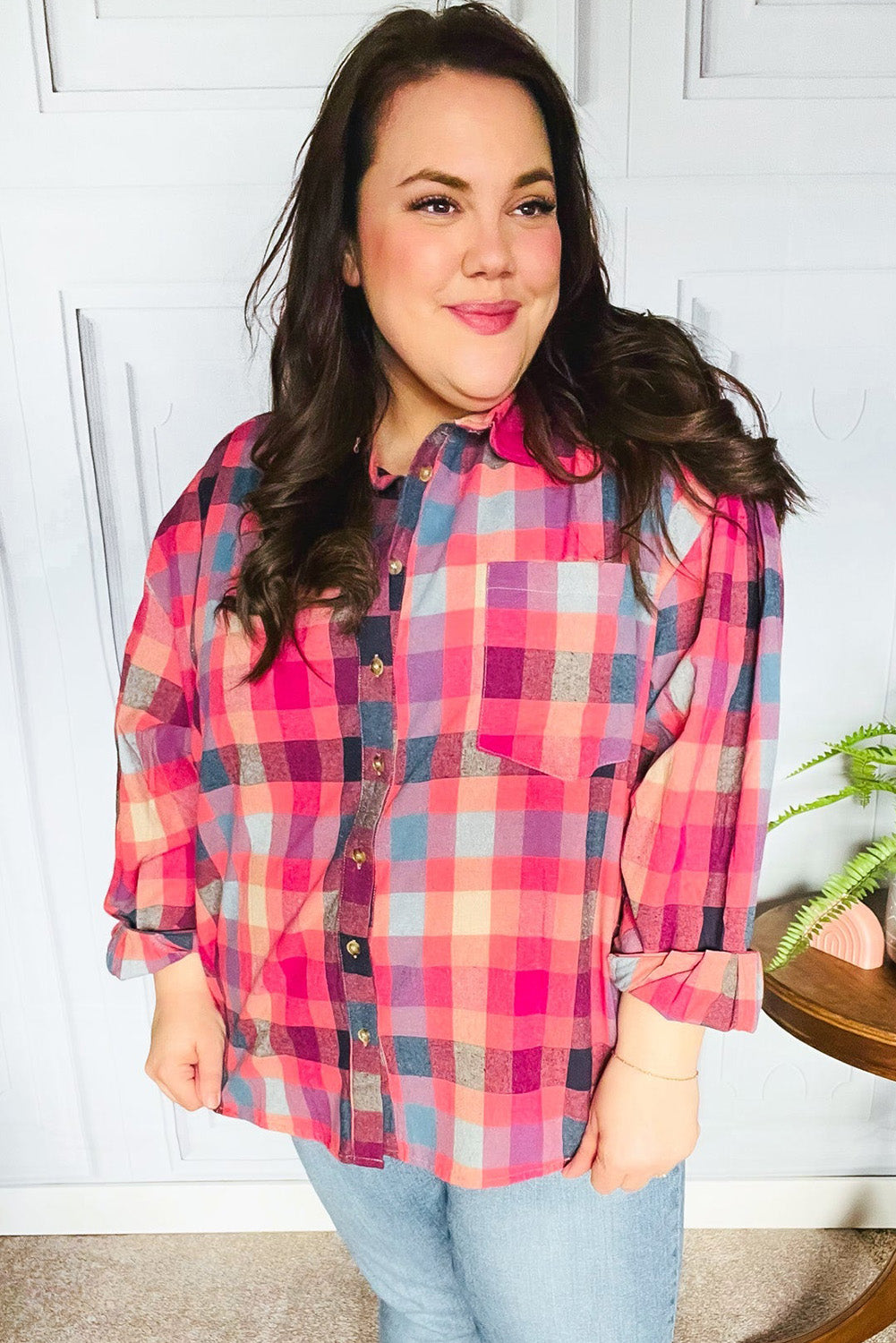 Rose Checkered Print Button-up Plus Size Shirt