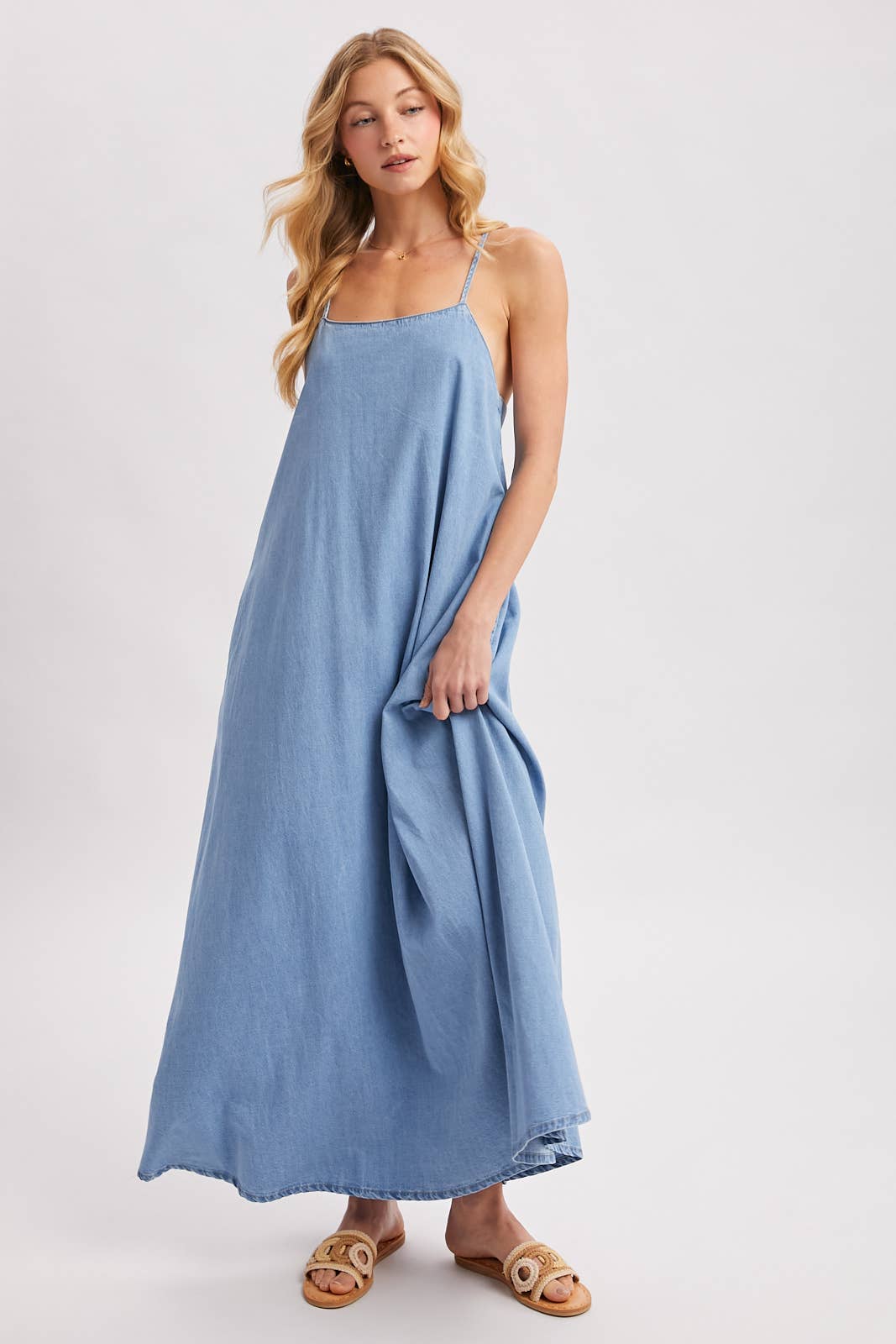 DENIM OPEN BACK SLEEVELESS MAXI DRESS