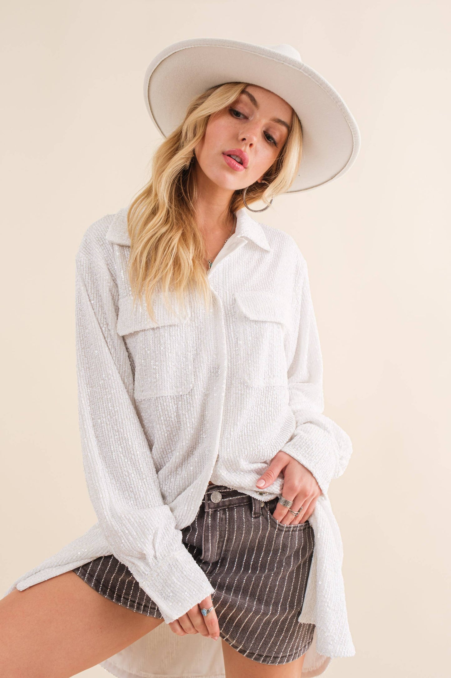 Crystal Mini Stud Washed Denim Shorts Side Slit