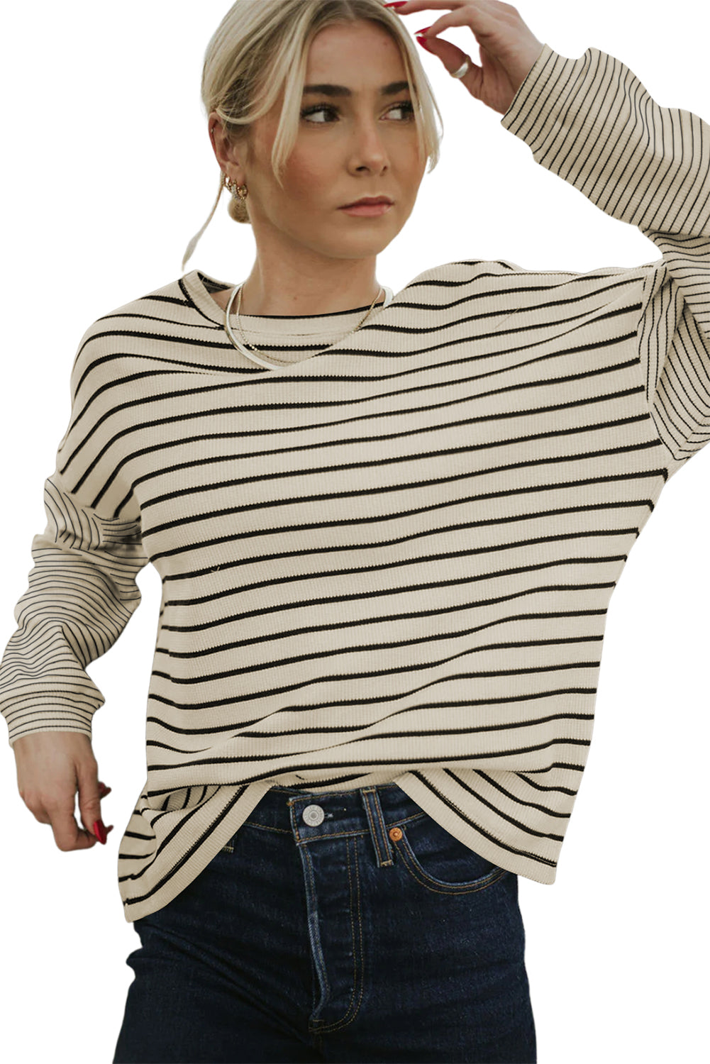 Black Patchwork Striped Loose Long Sleeve Tee