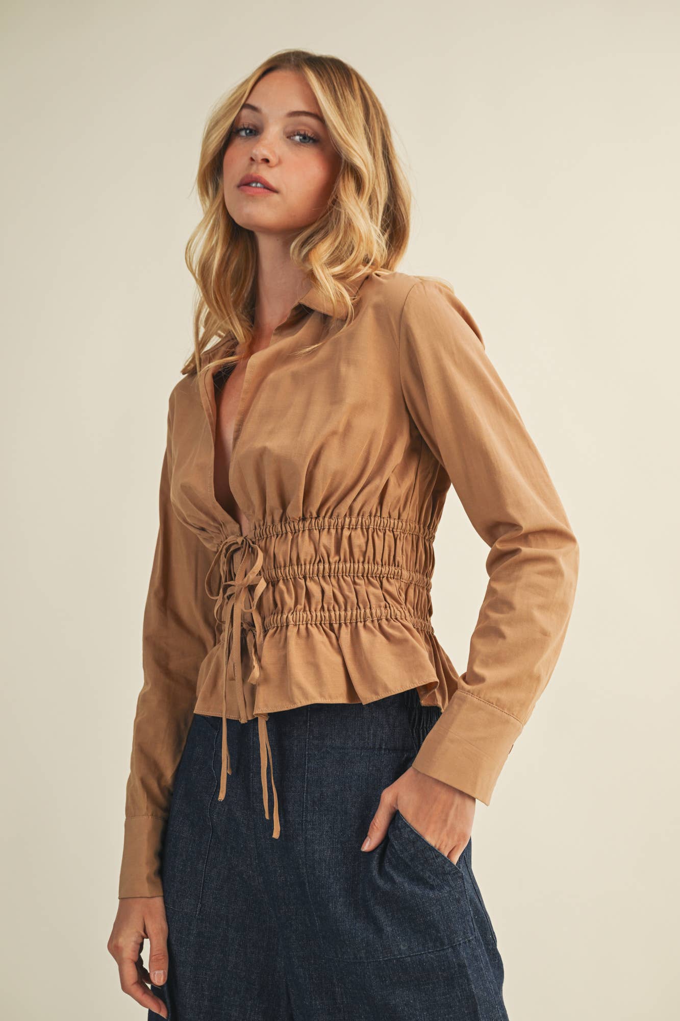 ELASTIC WAIST TIE CLOSURE SHIRT TOP
