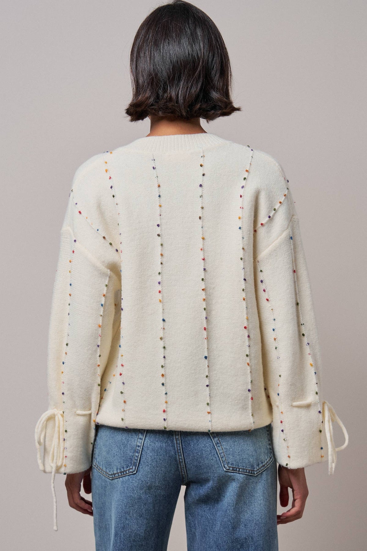 Multicolor Dot Stitch V-Neck Tie Sleeve Sweater