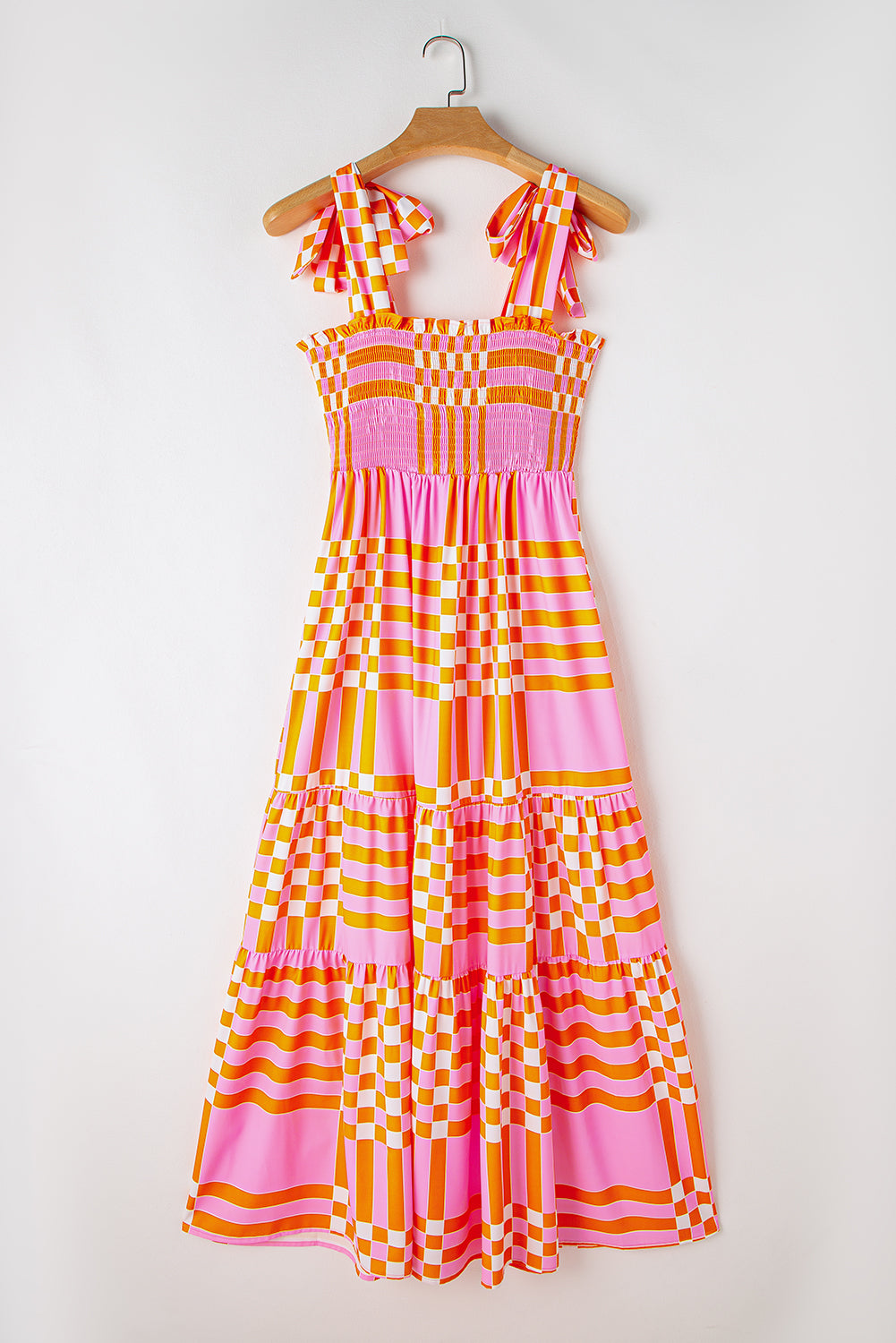 Pink Tie Strap Plaid & Striped Smocked Maxi Dress