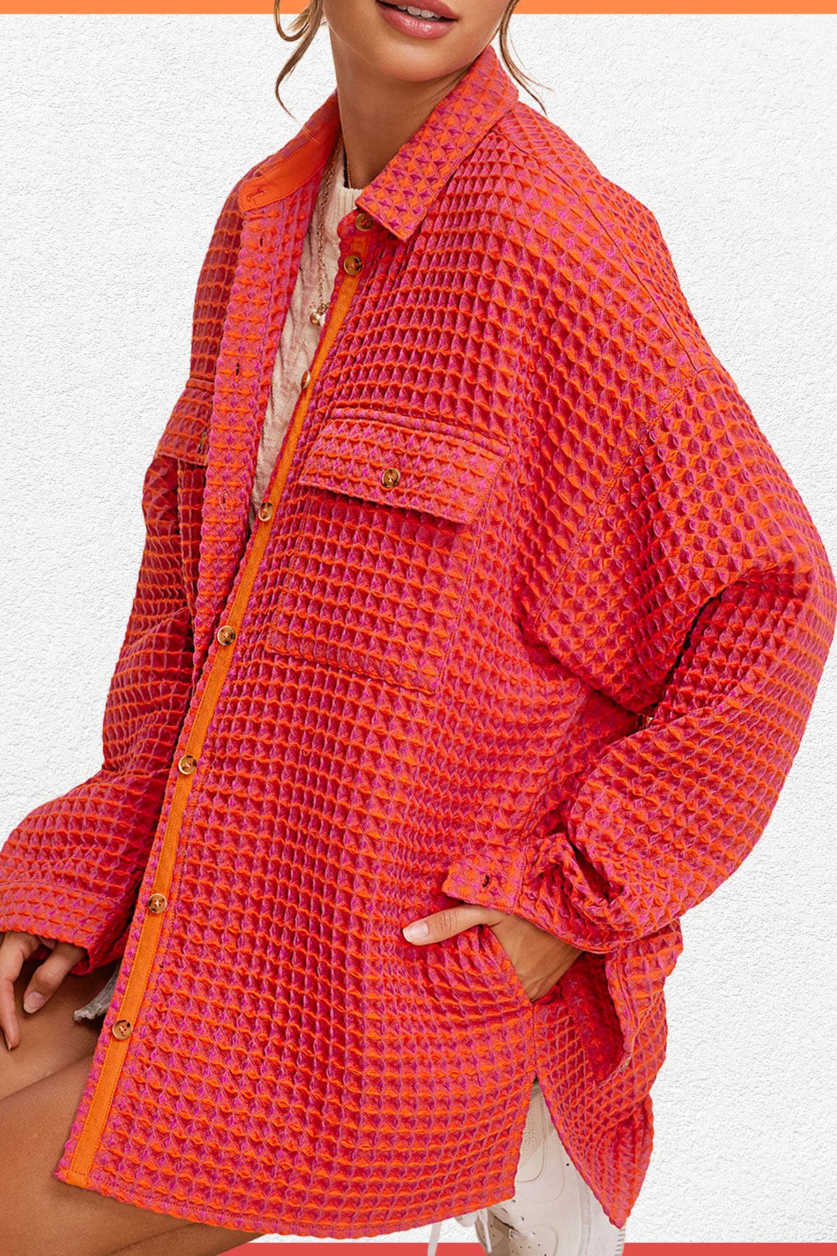 Unique Waffle Textured Oversized Button Down Shacket