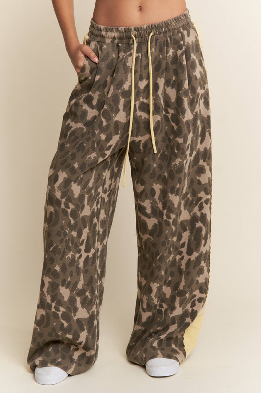 Leopard Print Solid Stripe Wide Leg Bottoms