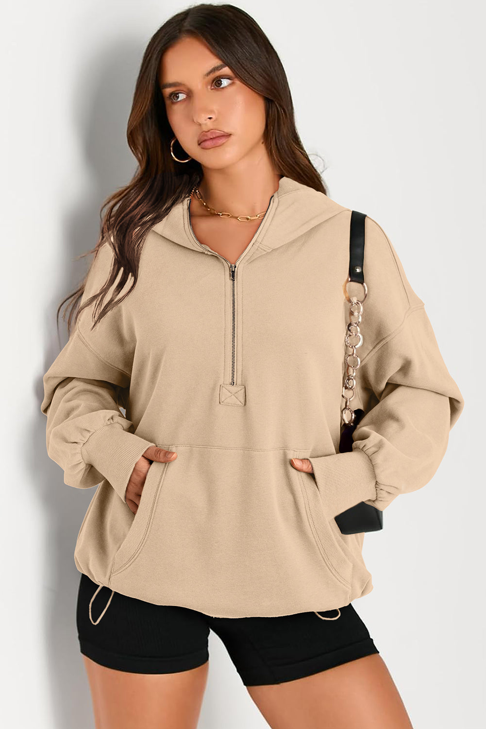 Parchment Kangaroo Pocket Half Zipper Oversized Hoodie