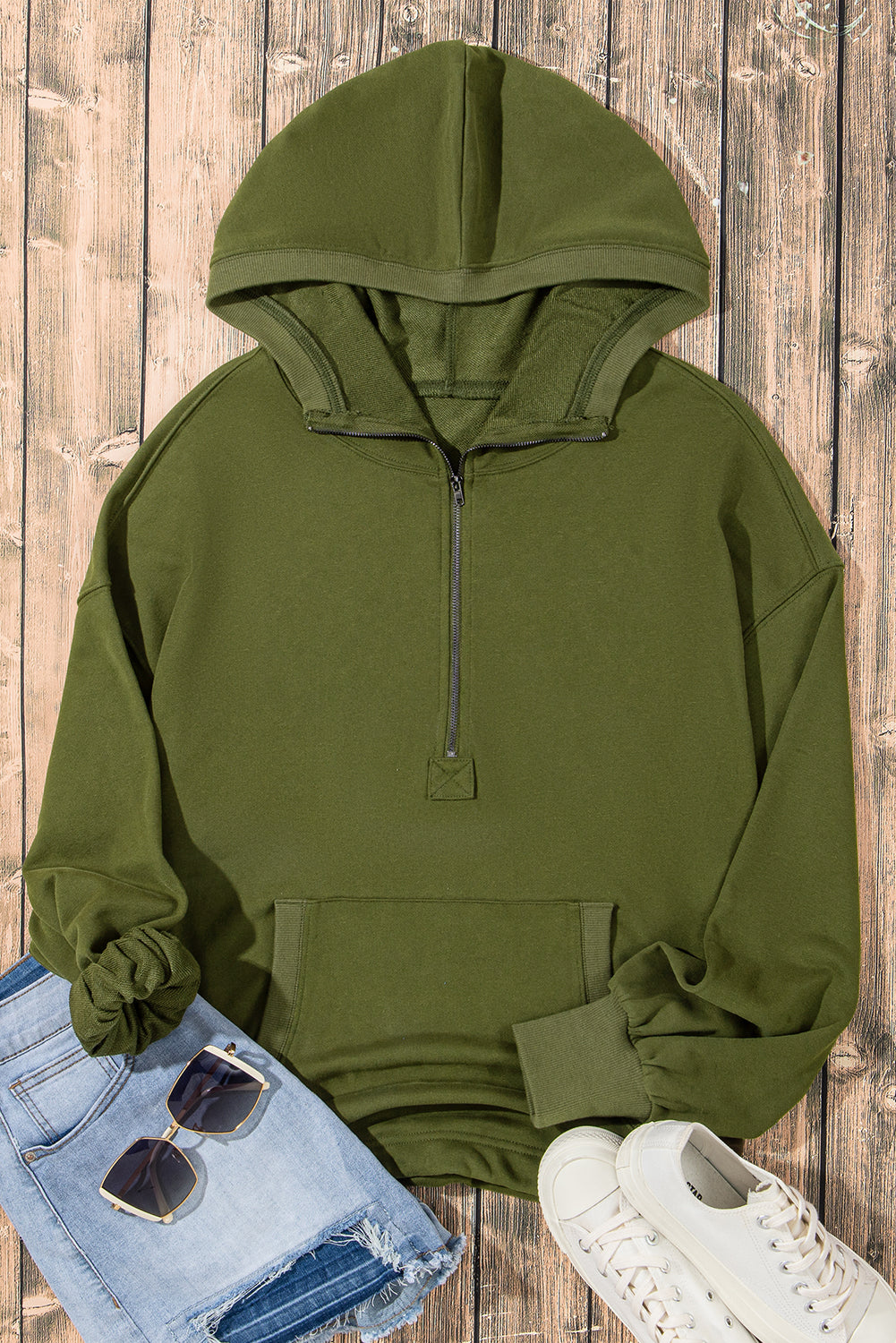 Parchment Kangaroo Pocket Half Zipper Oversized Hoodie