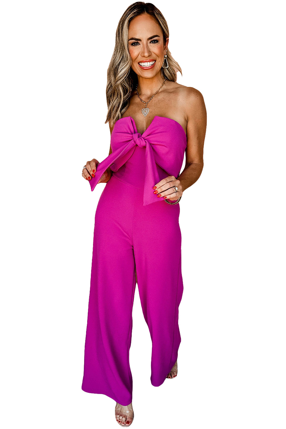 Bright Pink Bowknot Strapless Wide Leg Jumpsuit